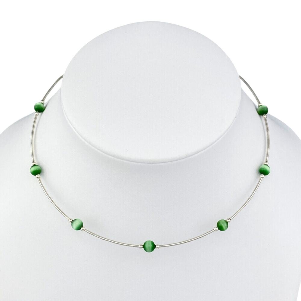 Vintage Sterling Silver 925 Green Cat’s Eye Tension Wire Necklace | 16"